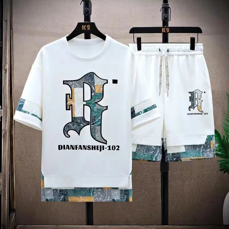 New Fashion Printed Short Sleeve T-shirt Suit Men's Casual Loose Breathable High-Quality Large Size Two-Piece Set