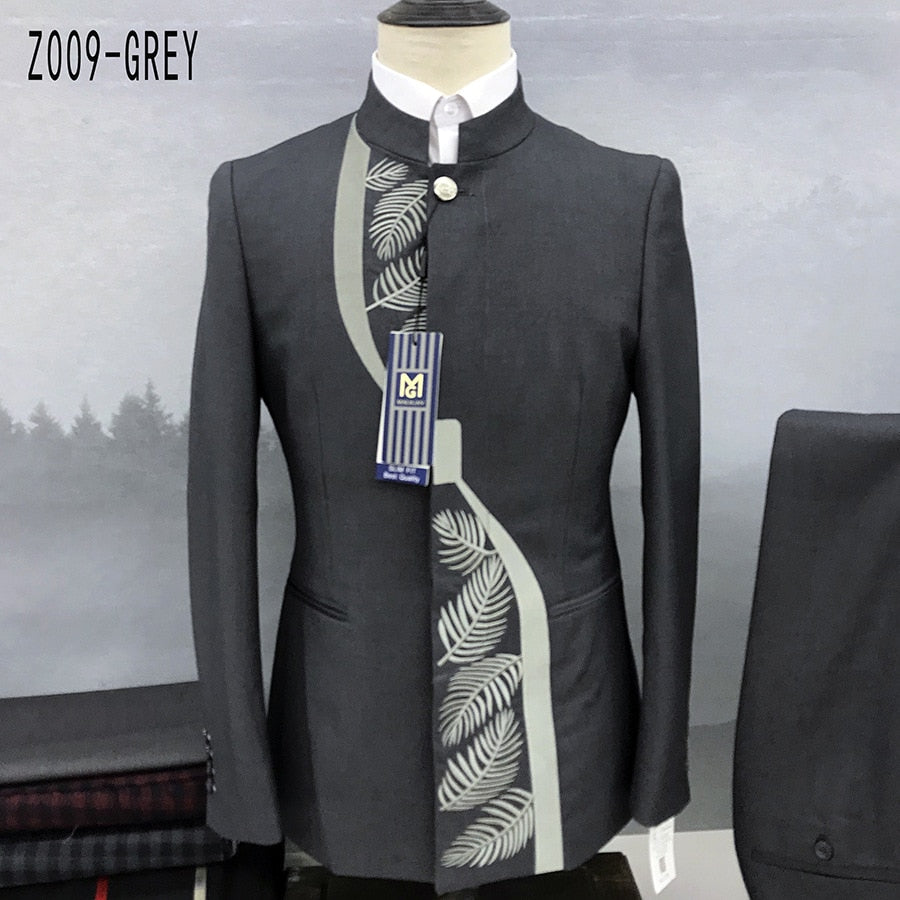 Fashion New Men&#39;s Casual Boutique Chinese Stand Collar Tunic Design Suit 2 Piece Set Blazers Jacket Coat Pants Trousers