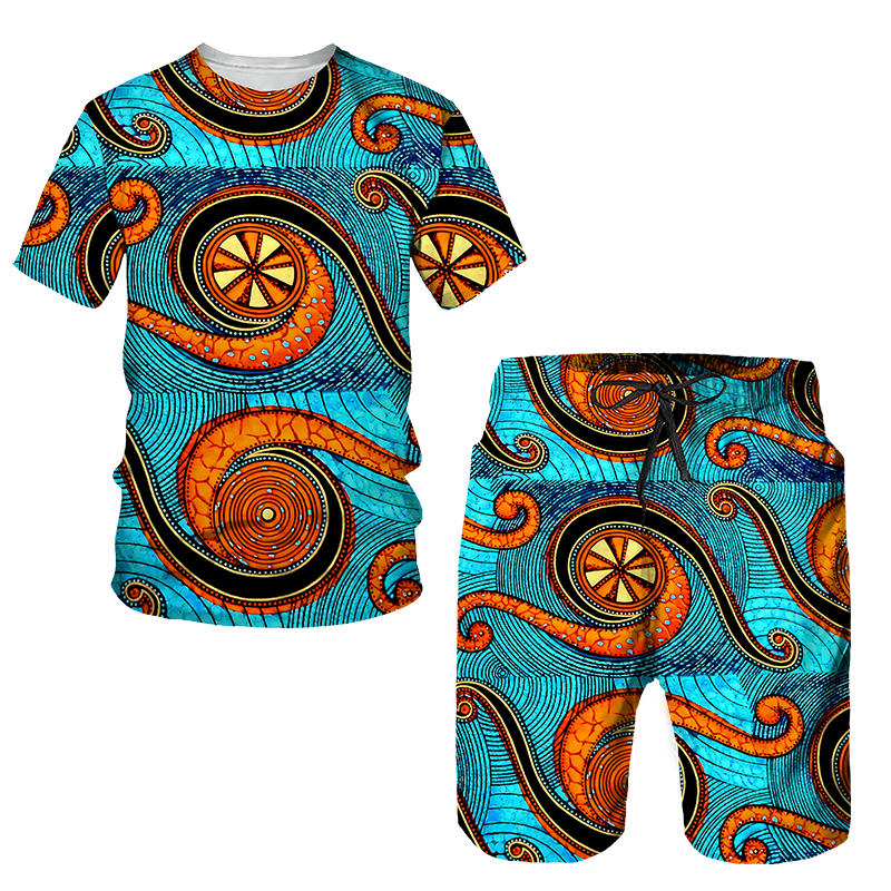 Men&#39;s African Style Summer Tracksuit Ethnic Totem Print T-Shirt Shorts Set Casual Clothing Vintage Oversized Fashion Outfits