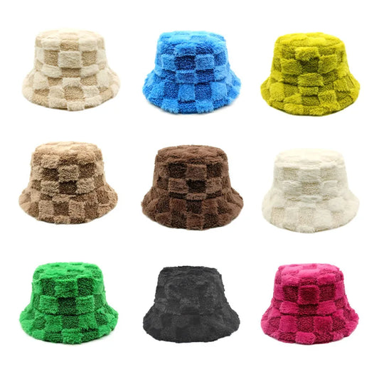 Chessboard Bucket hat Autumn and Winter New Versatile Japanese Thermal Cap Plush Korean Big Head Waist Basin Hat