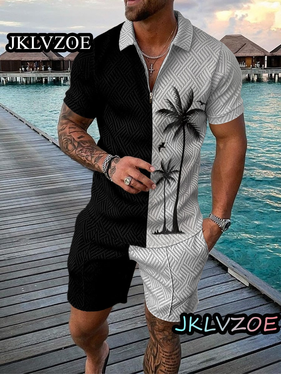 Men&#39;s Tracksuit 2 Piece Set Summer Maple Leaf Print 3D Short Sleeve Zipper Polo T Shirt Shorts Sportswear Casual Man Clothing