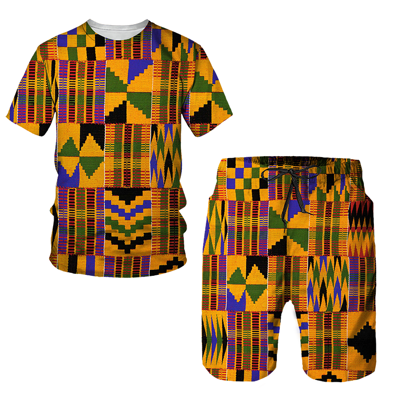 Men&#39;s African Style Summer Tracksuit Ethnic Totem Print T-Shirt Shorts Set Casual Clothing Vintage Oversized Fashion Outfits