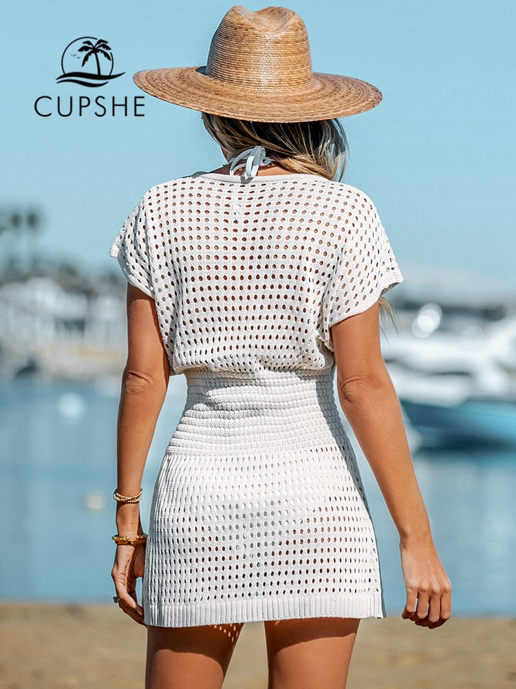 White Cutout Crochet Bikini Swim Cover Up For Women Sexy V-neck Short Sleeve Beach Tunic Mini Dress 2023 Summer Beachwear