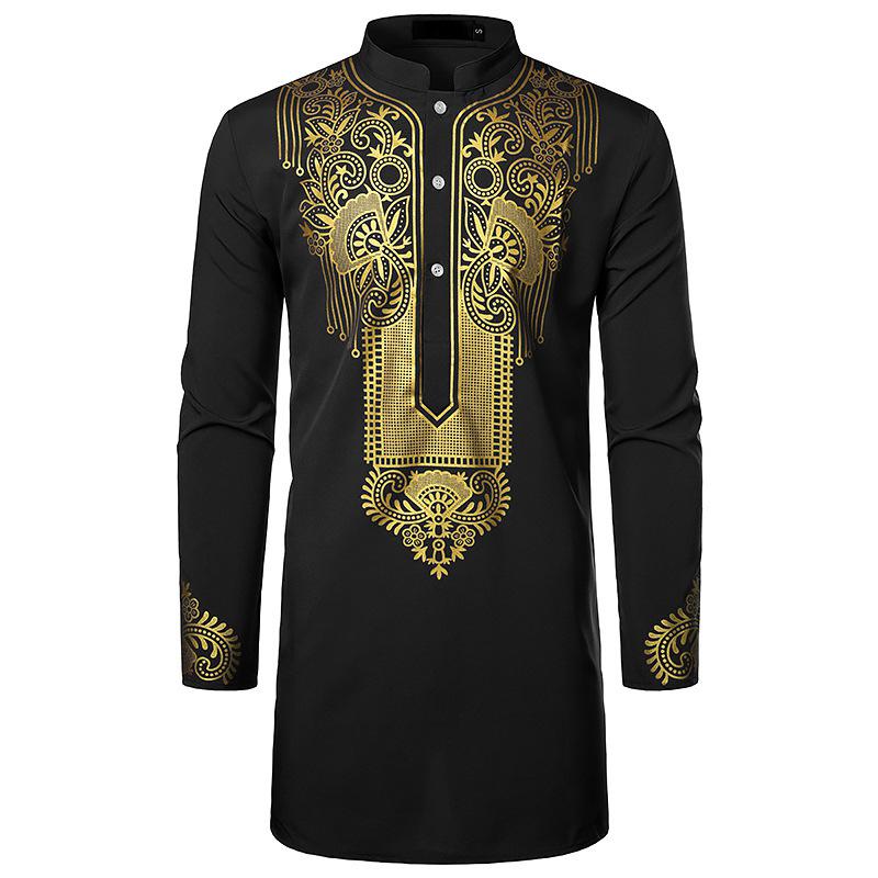 Luxury Casual Islamic Arabic Abaya Robe Fashion Ethnic Print Stand Collar Youth Mid-length Shirt Coat 2023 Muslim Men Clothing