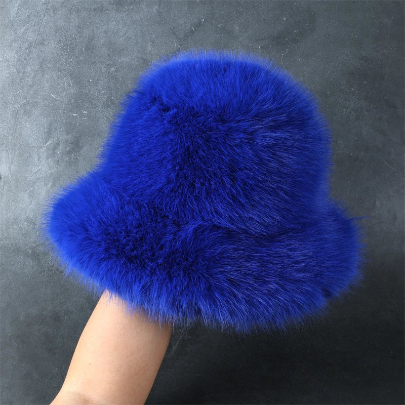 Fluffy Faux Fur Bucket Hats Women Rabbit Fur Warm Thick Plush Winter Hat Lady Fashion Luxury Panama Furry Fisherman Cap Y2k