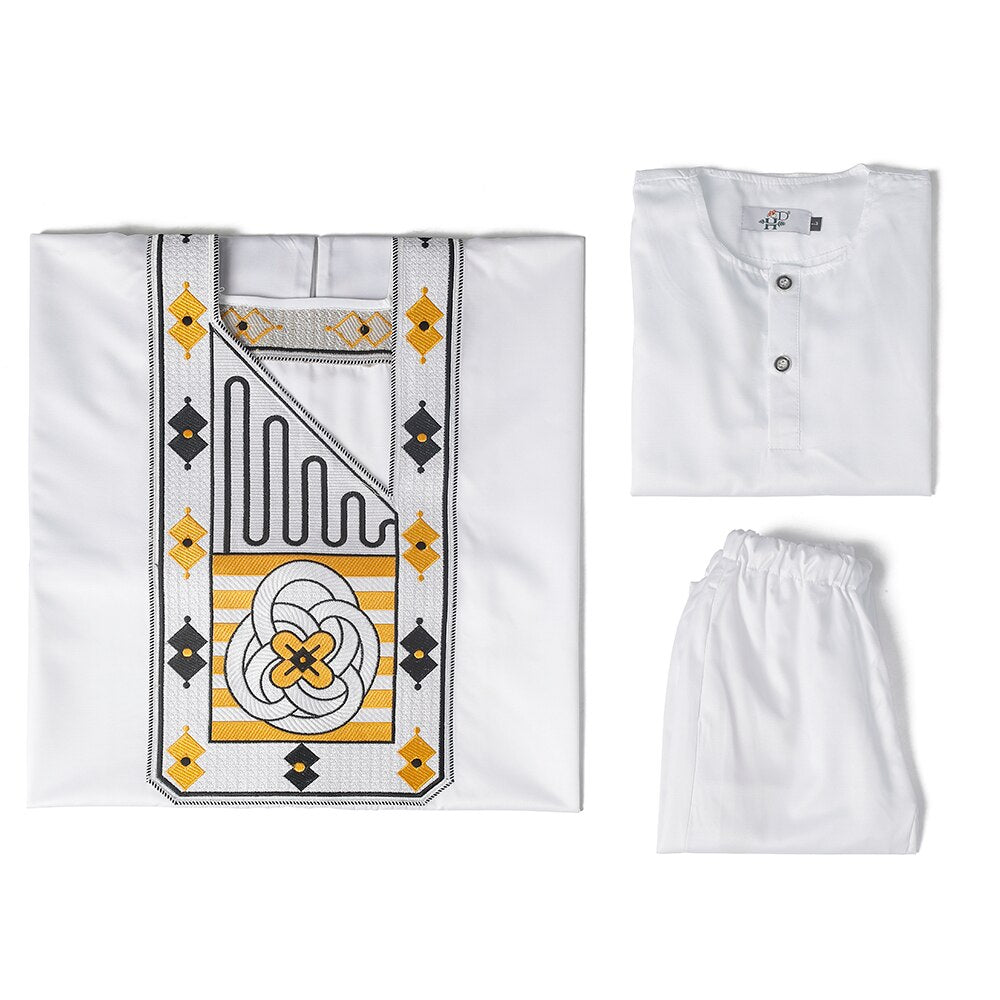 New African Tradition Clothes For Kids Boys White Long Sleeve Tops Embroidery Dashiki Robe Shirt Pant Child Set 3 PCS