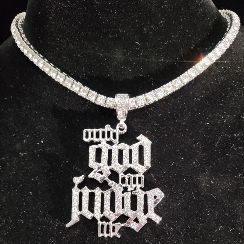 Men Women Hip Hop Only God Can Judge Me Pendant Necklace with 4mm Tennis Chain Iced out Bling Hiphop Necklaces Fashion Jewelry