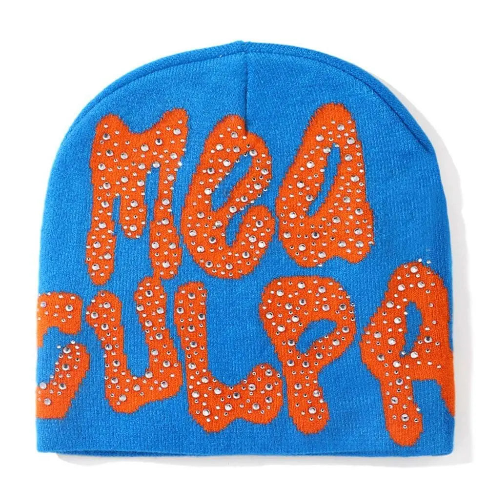 NEW Y2K MEA Culpa Beanies Hat with Rhinestone for Women Men Beanies Hats Hip-hop Soft Stretch Warm Knitted Slouchy Cap