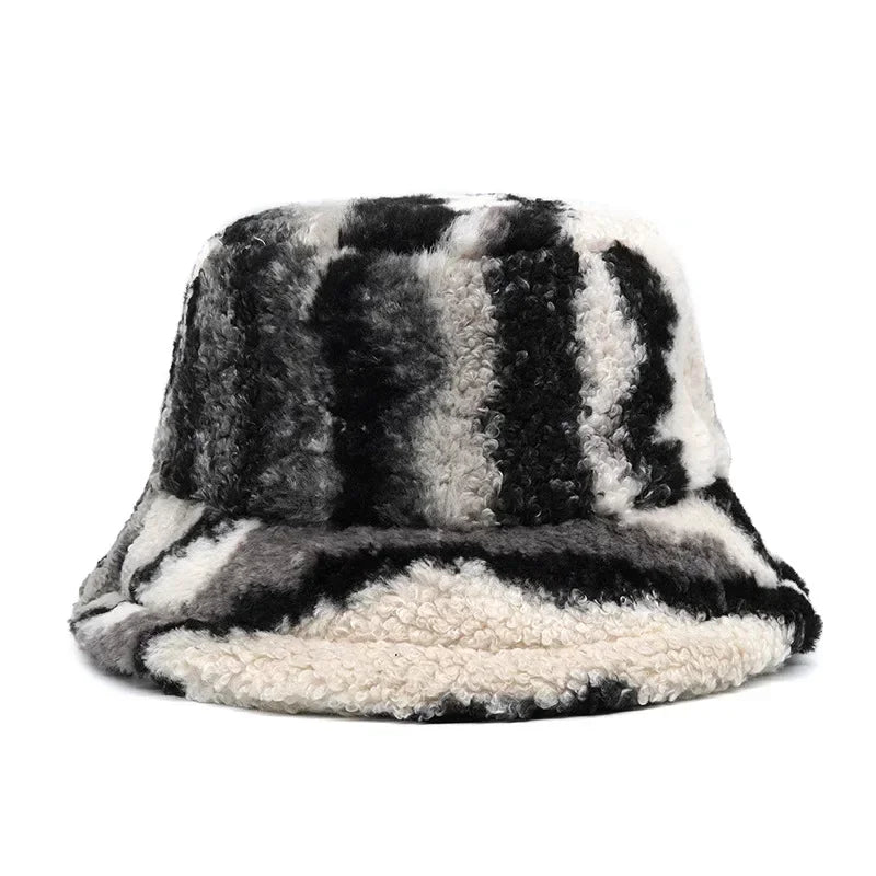 Winter Bucket Hats Women Fashion Print Ladies Warm Panama Hat Wool Soft Velvet Thickened Fur Rabbit Hair Outdoor Fisherman Hat