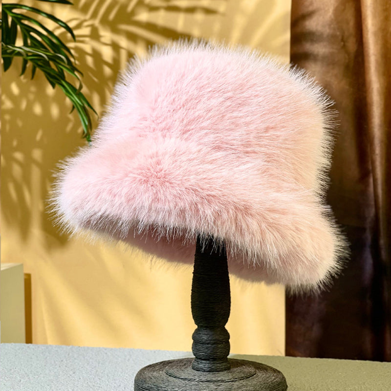 Fluffy Faux Fur Bucket Hats Women Rabbit Fur Warm Thick Plush Winter Hat Lady Fashion Luxury Panama Furry Fisherman Cap Y2k