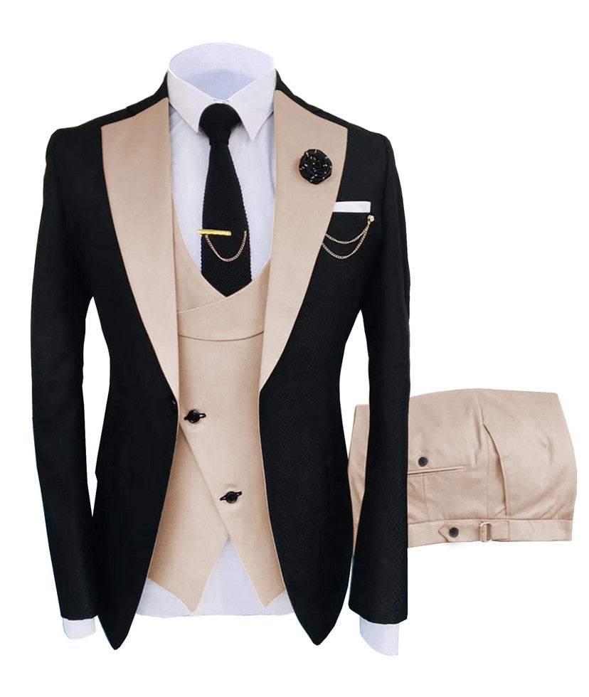 Slim Fit Fashion 3 Pieces Men Suit Formal Business Suits Champagne Beige Tuxedos for Wedding Groom Rugular Blazer+Pants+Vest