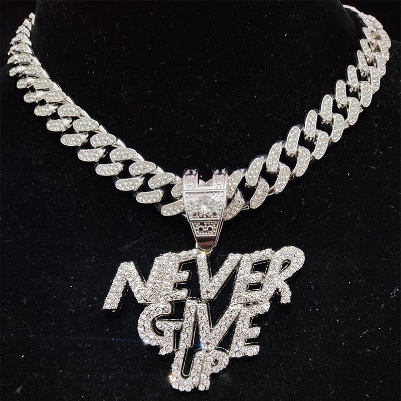 Men Women Hip Hop NEVER GIVE UP Pendant Necklace 13mm Crystal Cuban Chain HipHop Iced Out Bling Necklaces Fashion Charm Jewelry