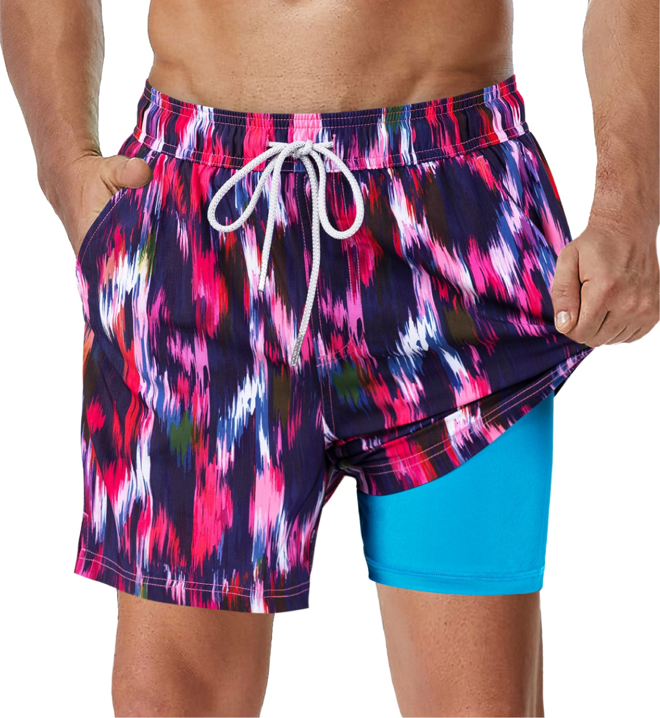 SURFCUZ Mens Swimming Trunks with Compression Liner Stretch Mens Swimwear 2 in 1 Quick Dry Running Gym Swim Shorts for Men