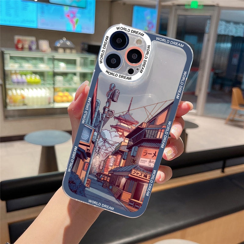 Japanese Anime Hand Painted House scenery Clear Phone Case For iPhone 13 14 12 11 Pro Max X XR XS 7 8Plus SE2 Transparent Cover