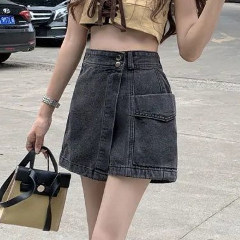 Denim Shorts Women Vintage Hotsweet Simple High Waist Distressed Asymmetrical Streetwear Korean Style Summer Female All-match