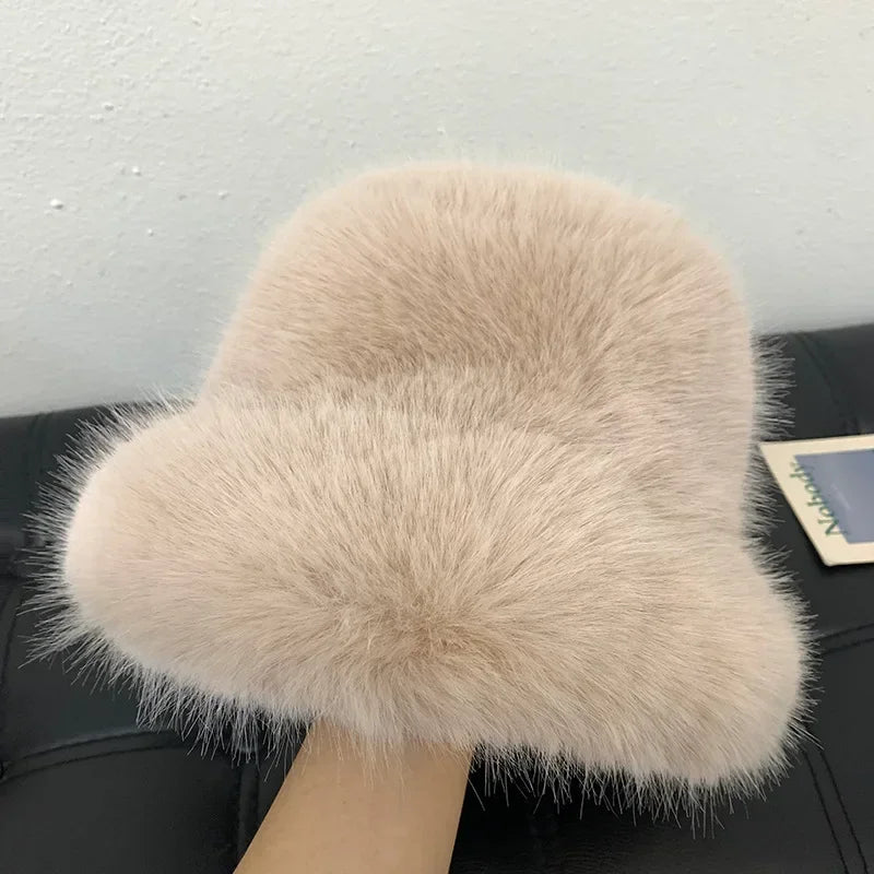 Fluffy Faux Fur Bucket Hats Women Rabbit Fur Warm Thick Plush Winter Hat Lady Fashion Luxury Panama Furry Fisherman Cap Y2k