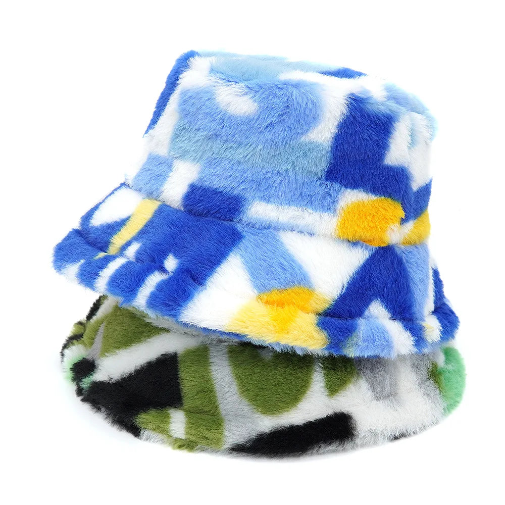 Winter Bucket Hats Women Fashion Print Ladies Warm Panama Hat Wool Soft Velvet Thickened Fur Rabbit Hair Outdoor Fisherman Hat