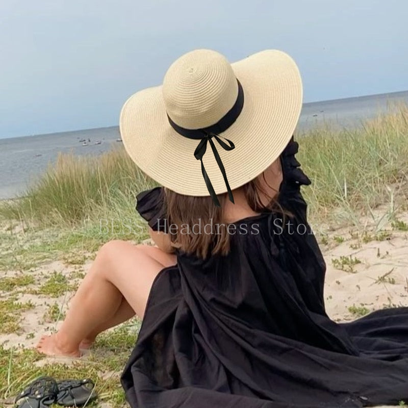 New Simple Foldable Wide Brim Floppy Girls Straw Hat Sun Hat Beach Women Summer Hat UV Protect Travel Cap Lady Cap Female