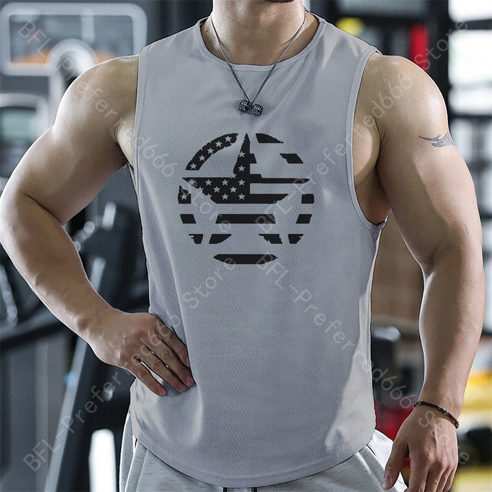 Men Tank Tops Summer Gym Sleeveless T Shirt Print Quick Dry Running Sport Vest Casual Fitness Sportswear Singlets Men&#39;s Clothing