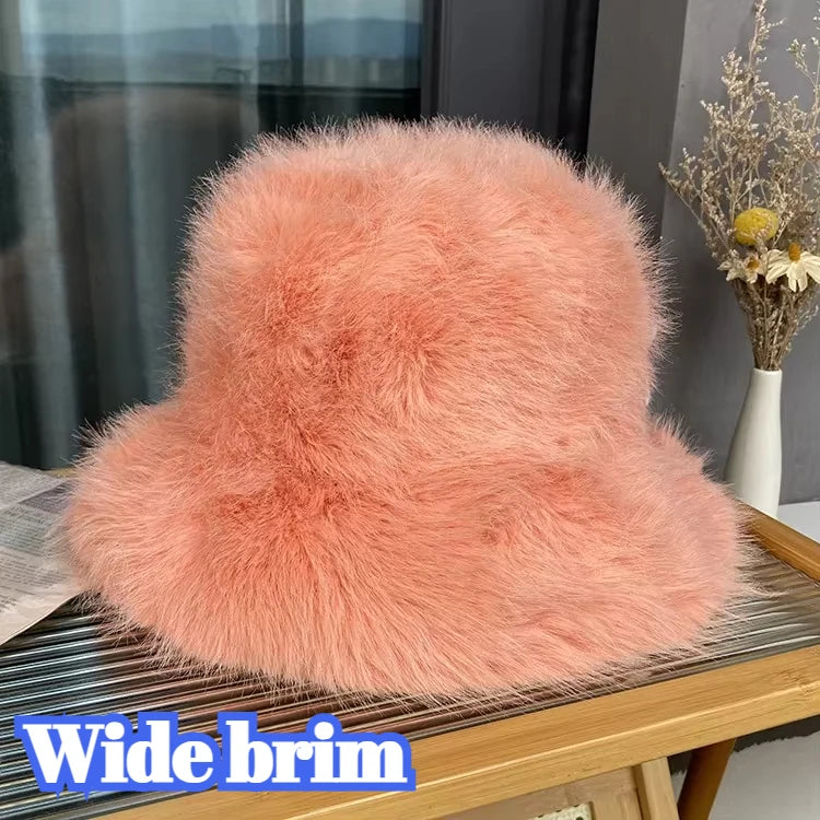 Fluffy Faux Fur Bucket Hats Women Rabbit Fur Warm Thick Plush Winter Hat Lady Fashion Luxury Panama Furry Fisherman Cap Y2k