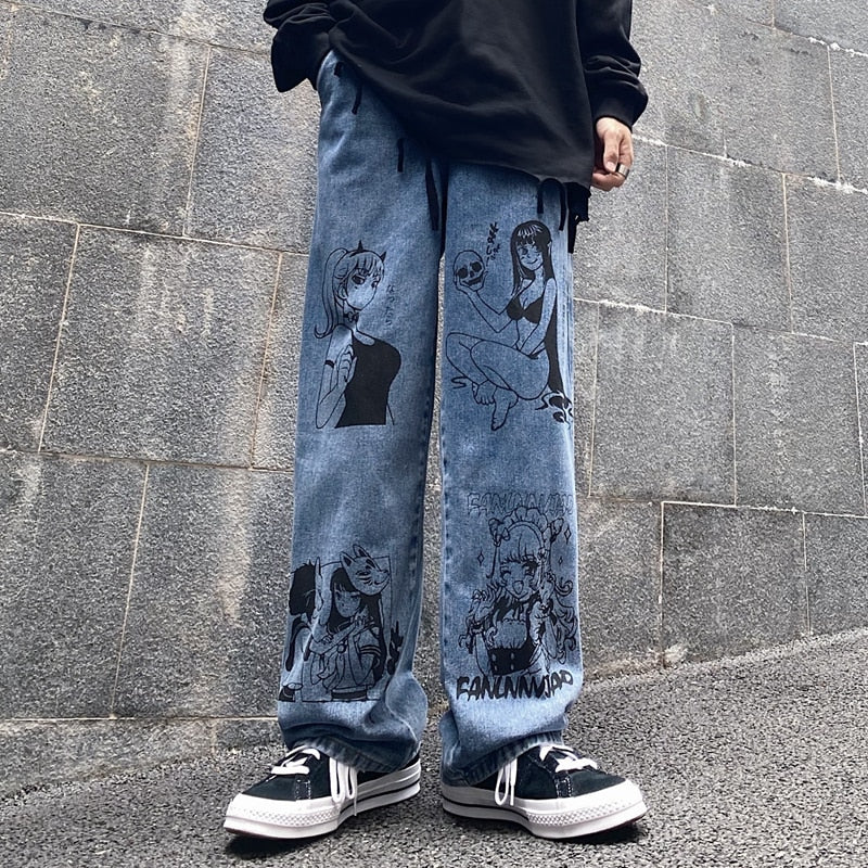 Vintage Washed Jeans Men Women Streetwear Jeans Harajuku Cartoon Anime Print Jeans Fashion GirlJeans Loose Wide Leg Pants Cotton