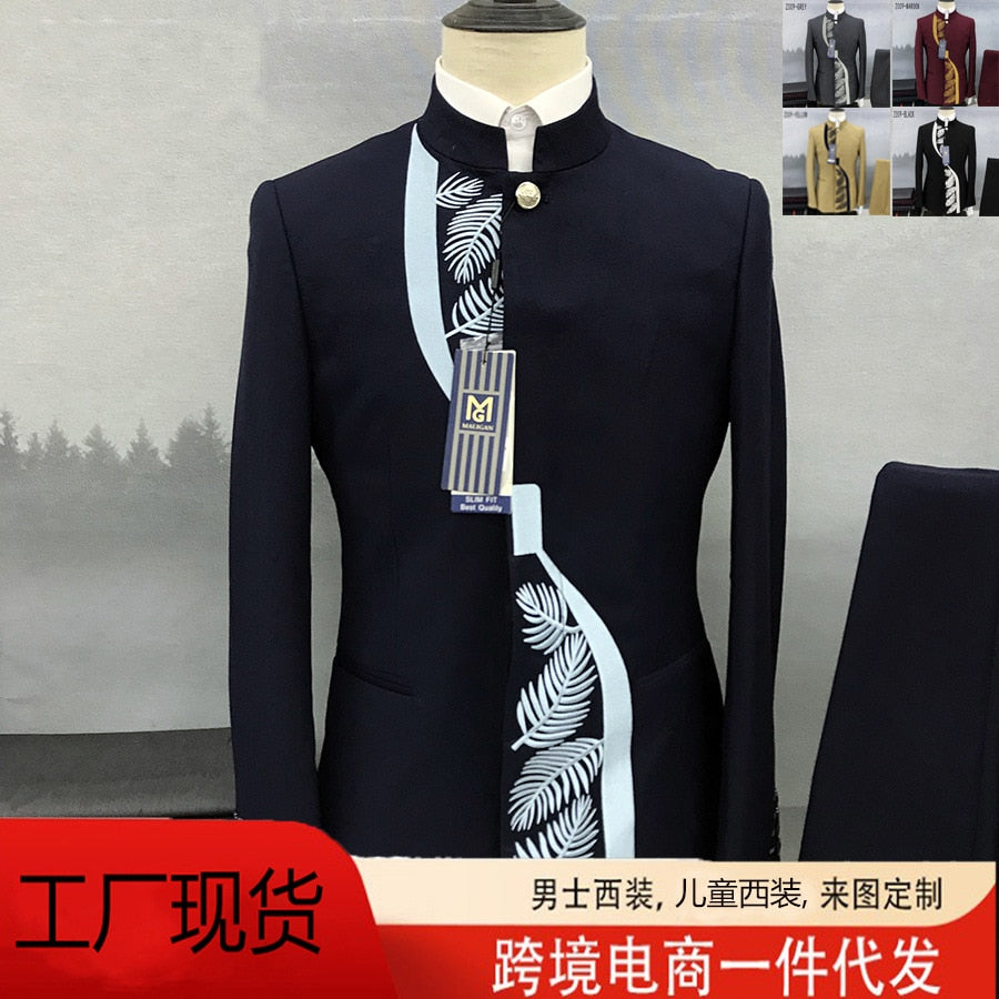 Fashion New Men&#39;s Casual Boutique Chinese Stand Collar Tunic Design Suit 2 Piece Set Blazers Jacket Coat Pants Trousers