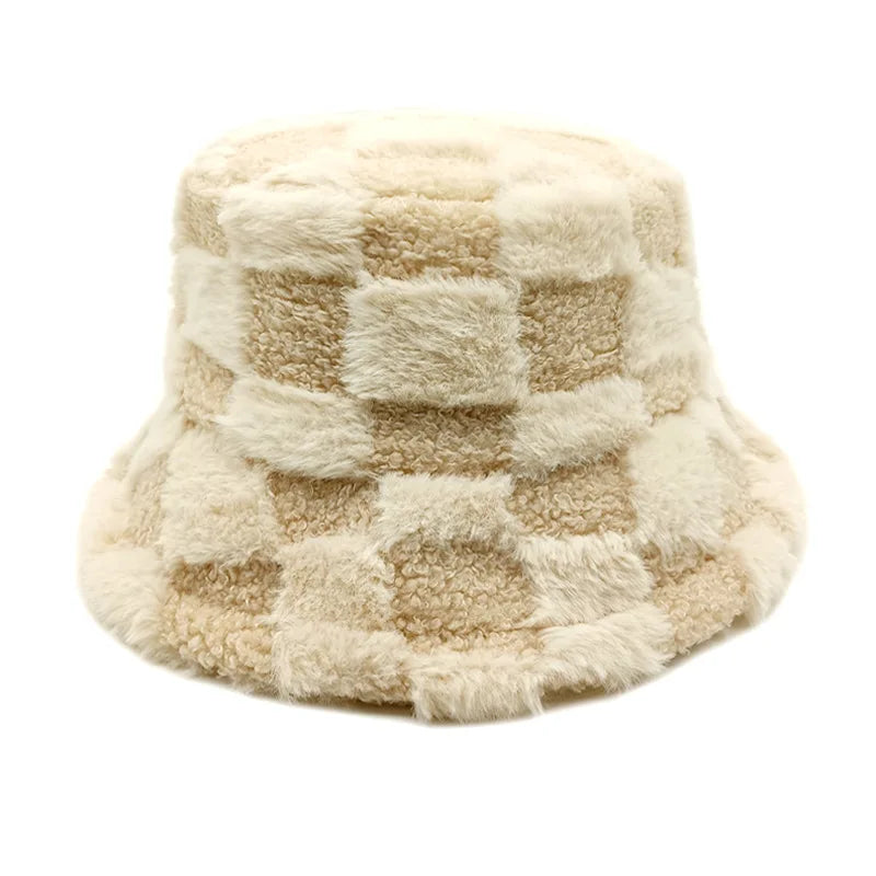 Chessboard Bucket hat Autumn and Winter New Versatile Japanese Thermal Cap Plush Korean Big Head Waist Basin Hat