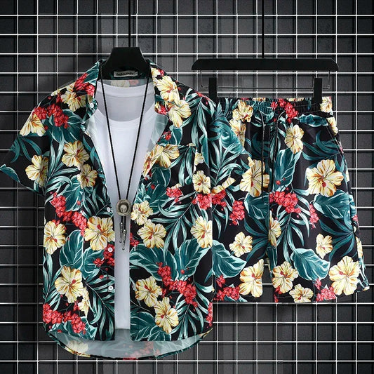 Summer Short Sleeve Flower Shirt Men's Beach Sets Hawaiian Island Style Retro Handsome Casual Thin Shirt Hawaiian Shirt