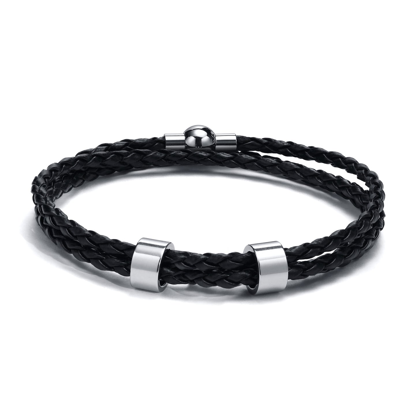 Vnox Free Custom Name Mens Braided Genuine Leather Bracelet Gifts Jewelry,Stainless Steel Beads Charm with Family Names