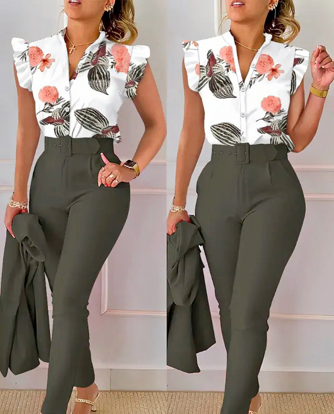 Summer Fashion Print Two Piece Set Women Casual Office ladies Button Flying Sleeve Shirt Pants Two Piece Set Women