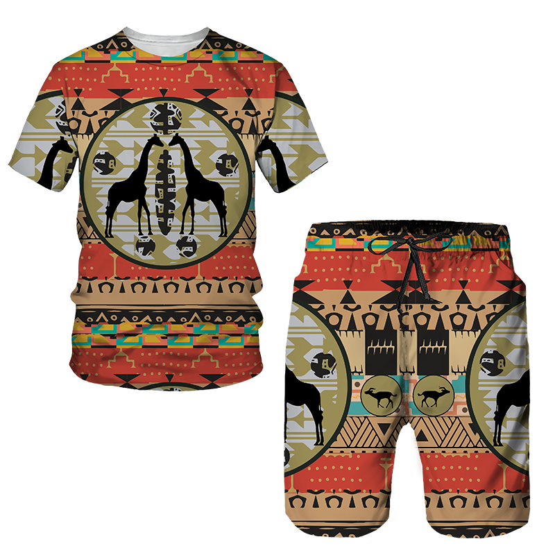 Men&#39;s African Style Summer Tracksuit Ethnic Totem Print T-Shirt Shorts Set Casual Clothing Vintage Oversized Fashion Outfits