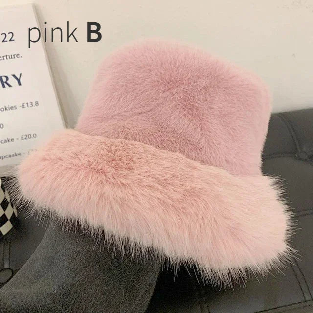 Fluffy Faux Fur Bucket Hats Women Rabbit Fur Warm Thick Plush Winter Hat Lady Fashion Luxury Panama Furry Fisherman Cap Y2k