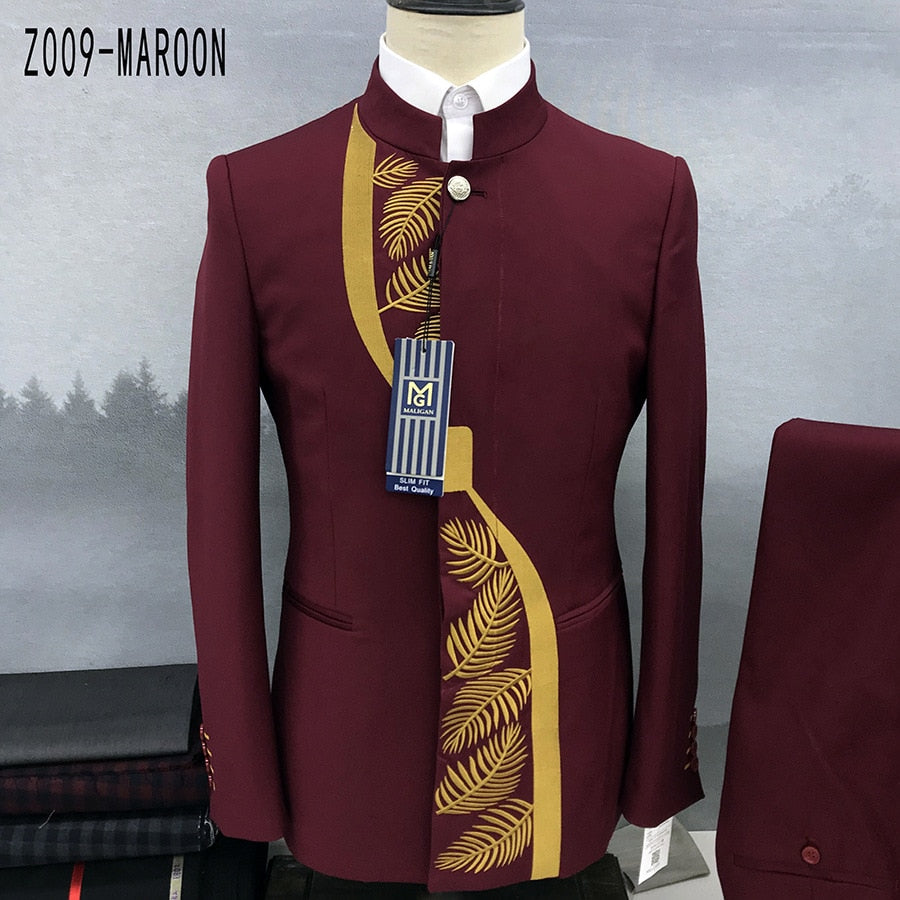 Fashion New Men&#39;s Casual Boutique Chinese Stand Collar Tunic Design Suit 2 Piece Set Blazers Jacket Coat Pants Trousers