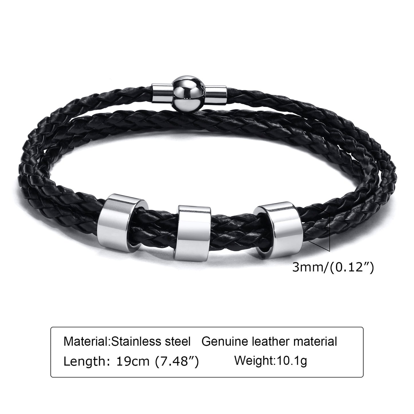 Vnox Free Custom Name Mens Braided Genuine Leather Bracelet Gifts Jewelry,Stainless Steel Beads Charm with Family Names