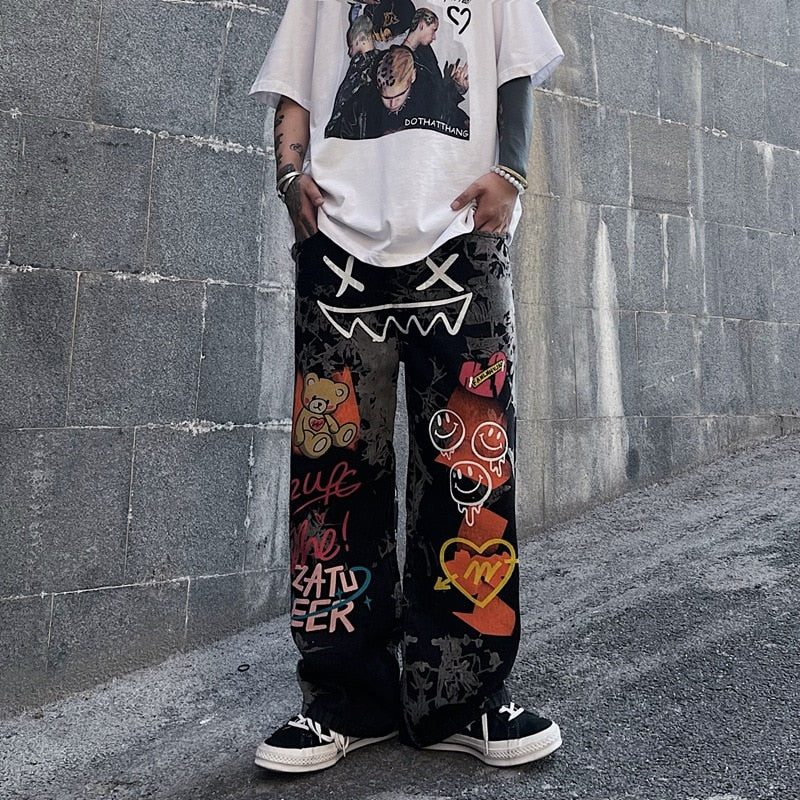 Vintage Washed Jeans Men Women Streetwear Jeans Harajuku Cartoon Anime Print Jeans Fashion GirlJeans Loose Wide Leg Pants Cotton