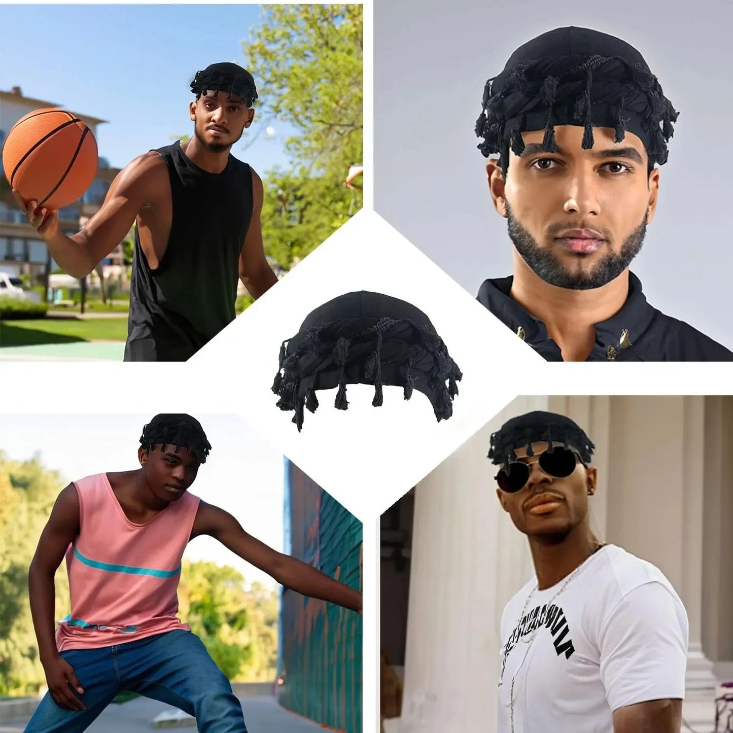 Men Hat Punk Burr Trim Twisted Tail Fringe Cotton Bandana Hat Hop Turban Hats Head Wrap Beanie Cap Solid Color Docker Hat 2024