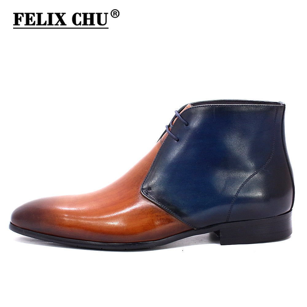 Handmade Men Ankle Boots Felix Chu Genuine Leather Mens Motorcycle Boots Black Red Buckle Strap High Top Dress Shoes for Men