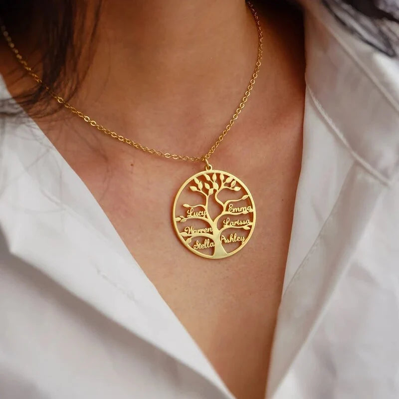 Custom tree of life name necklace Personalized mother kids family member names Gold Stainless Steel Pendant choker Jewelry Gifts