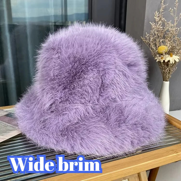 Fluffy Faux Fur Bucket Hats Women Rabbit Fur Warm Thick Plush Winter Hat Lady Fashion Luxury Panama Furry Fisherman Cap Y2k