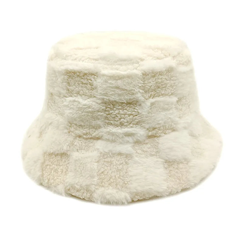 Chessboard Bucket hat Autumn and Winter New Versatile Japanese Thermal Cap Plush Korean Big Head Waist Basin Hat