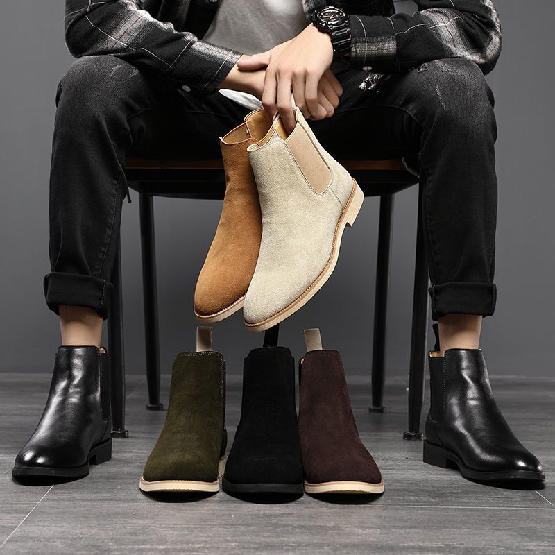 Men&#39;s Retro Suede Genuine Leather Chelsea Boots Men Fashion Ankle Boot Mens Casual British Style Short Boots High-Top Shoes