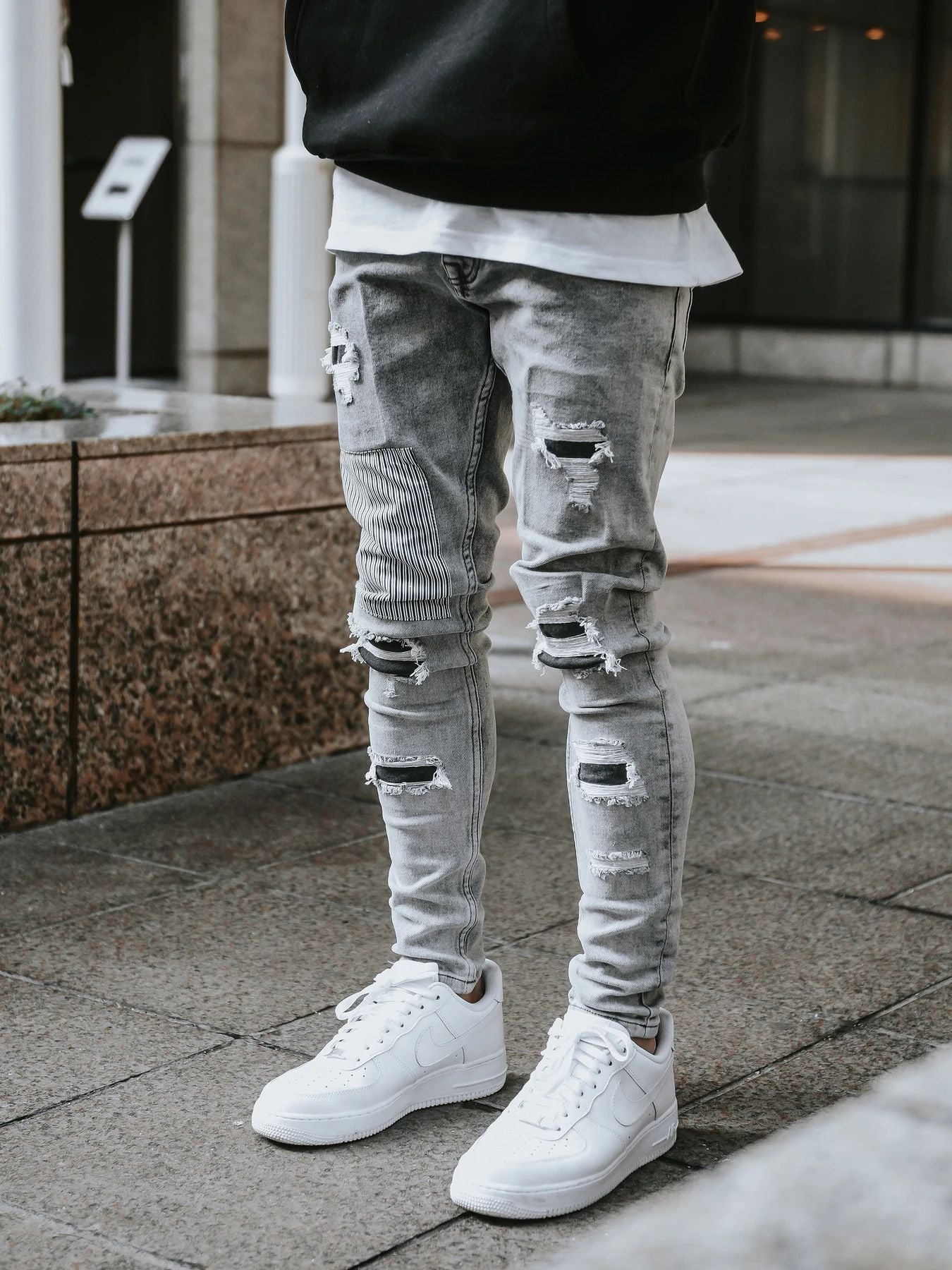 Men&#39;s Skinny Ripped Jeans Streetwear Fashion Beggar Patch Men Pencil Pants Grey/Blue Slim Denim Trousers Casual Jeans for Men