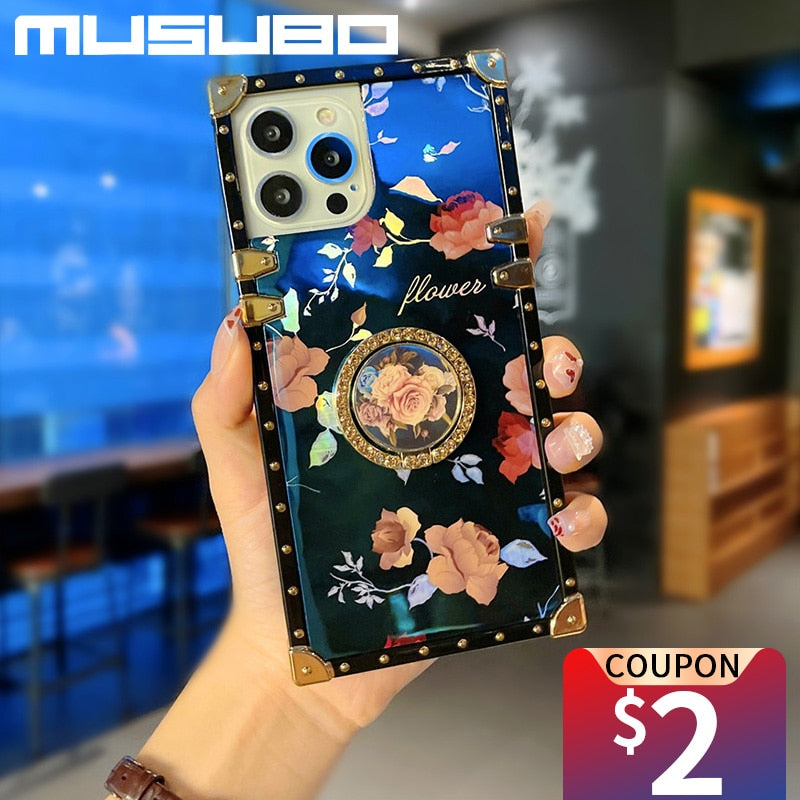 Luxury Silicon Ring Phone Case For iPhone 14 Plus 13 PRO 12 11 Pro Max XS XR SE 3 7 8 Plus Brand Coque Soft Square Cover Fundas