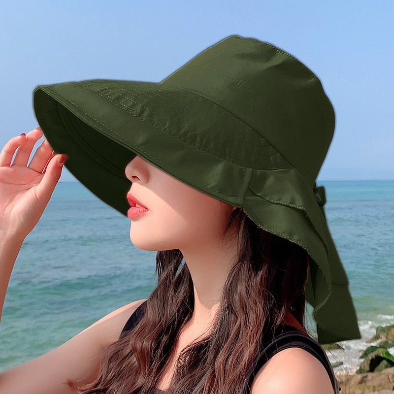 Sparsil Women&#39;s Summer Hat for The Sun Wide Brim UV Neck Protection Solar Beach Hats Foldable Ponytail Travel Sun Panama Caps