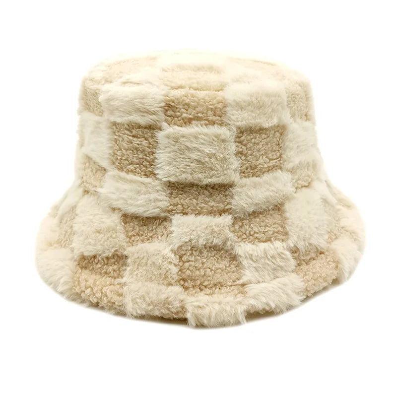 Chessboard Bucket hat Autumn and Winter New Versatile Japanese Thermal Cap Plush Korean Big Head Waist Basin Hat