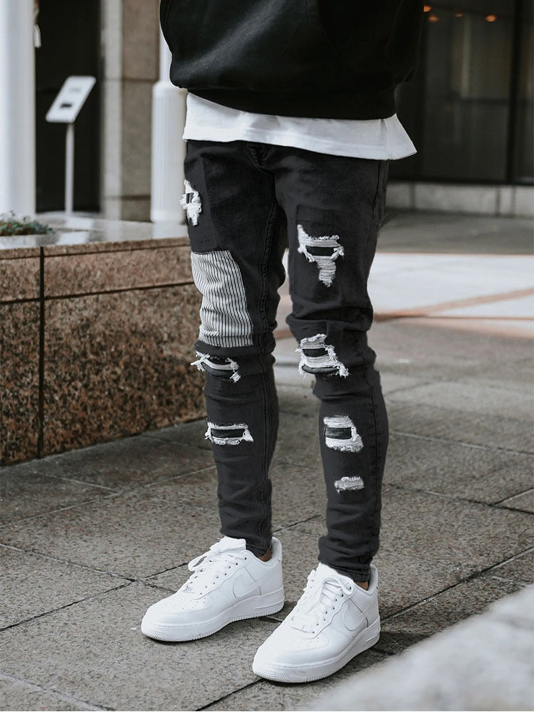 Men&#39;s Skinny Ripped Jeans Streetwear Fashion Beggar Patch Men Pencil Pants Grey/Blue Slim Denim Trousers Casual Jeans for Men