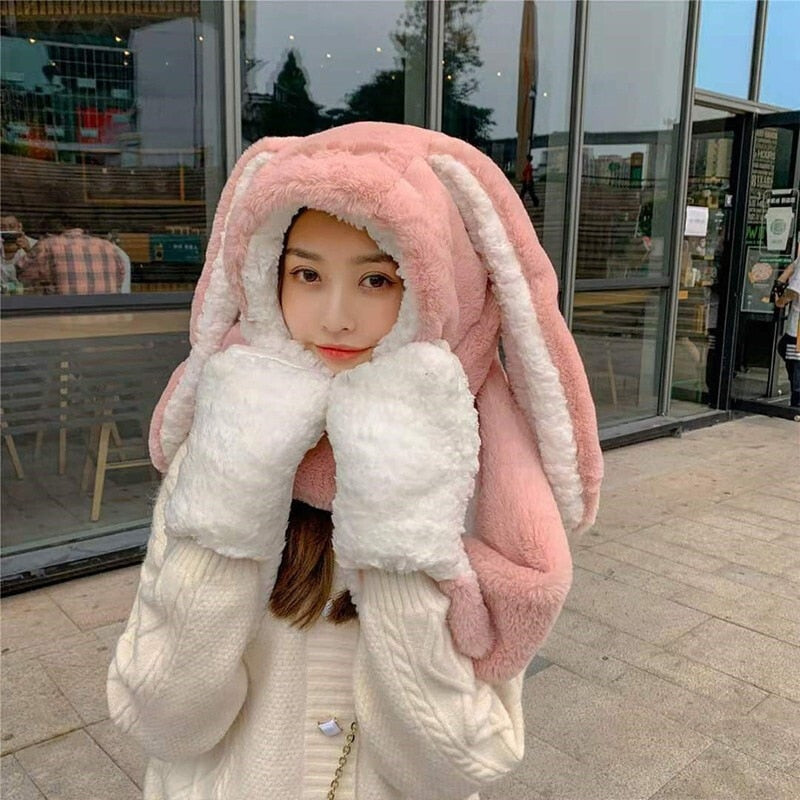 New Fashion Scarf Hat Glove Women Cute Big Ear Bunny Beanie Winter Warm Soft Thickening Pocket Warm Ear Hats Hooded Skullie