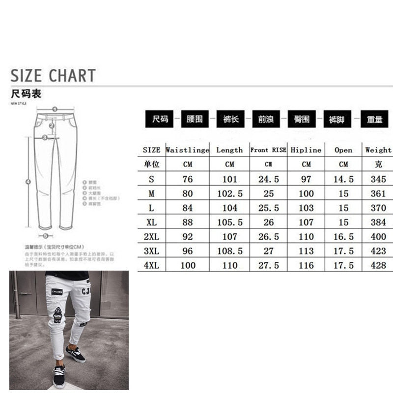 White Embroidery Skinny Ripped Jeans Men Cotton Stretchy Slim Fit Hip Hop Denim Pants Casual Jeans for Men Jogging Trousers