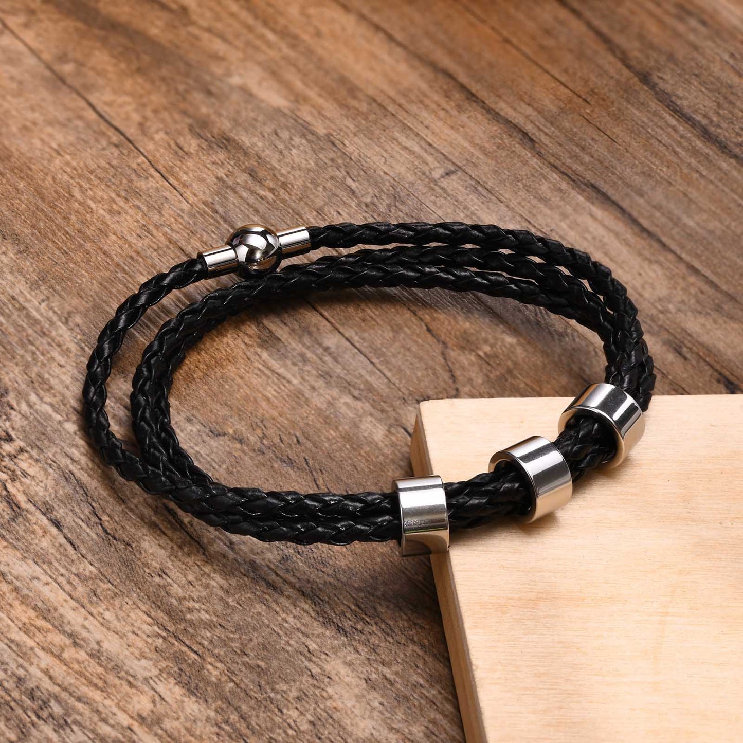 Vnox Free Custom Name Mens Braided Genuine Leather Bracelet Gifts Jewelry,Stainless Steel Beads Charm with Family Names