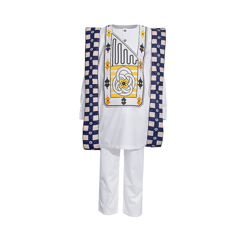 New African Tradition Clothes For Kids Boys White Long Sleeve Tops Embroidery Dashiki Robe Shirt Pant Child Set 3 PCS